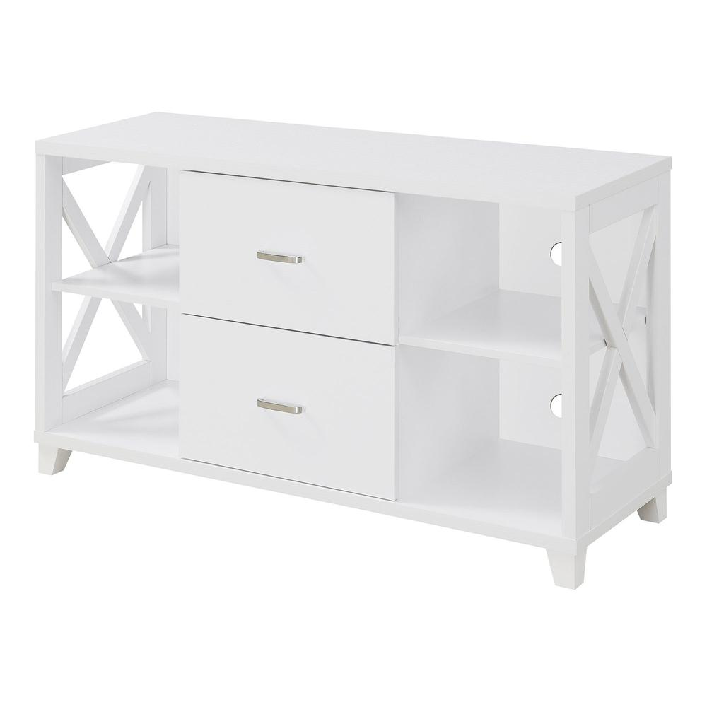 White Oxford Deluxe TV stand with two drawers and shelves, suitable for TVs up to 55 inches, by Start2Finish.