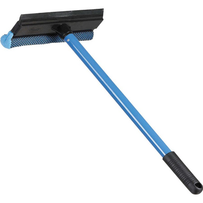 Blue Ettore Auto Squeegee Scrubber with 8-inch rubber blade and 16-inch aluminum handle, lightweight and streak-free.