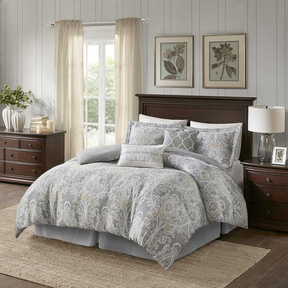 Start2Finish Hallie 6-piece cotton comforter bedding set in grey with matching pillow shams and decorative accents.