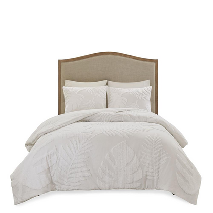 Three-piece tufted cotton chenille Palm bedding comforter set with textured design and matching pillow shams, in a soft, cozy style.