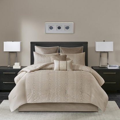 Start2Finish 8-piece embroidered comforter bedding set featuring floral patterns and matching pillow shams on a neatly made bed.