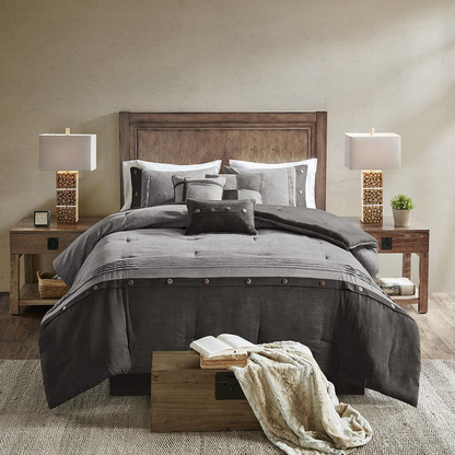 Start2Finish 7-piece faux suede comforter bedding set with matching pillow shams and decorative pillows on a bed.