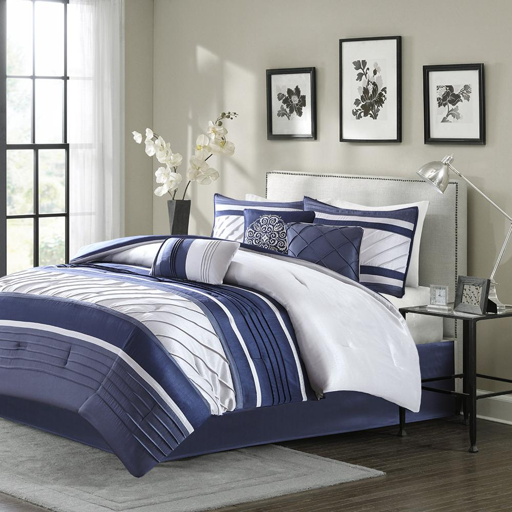 Start2Finish Blaire 7-piece navy comforter bedding set with matching pillow shams and decorative accents.