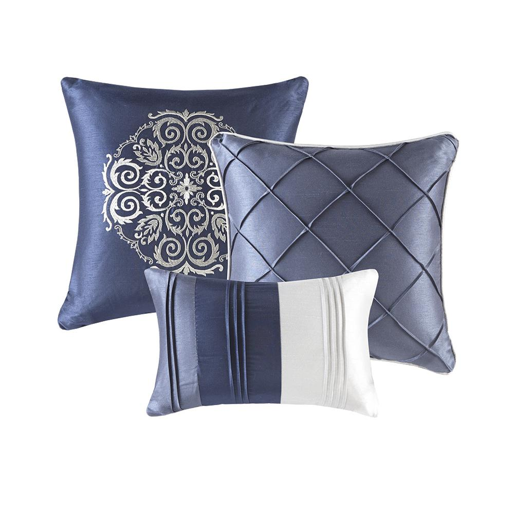 Start2Finish Blaire 7-piece navy comforter bedding set with matching pillow shams and decorative accents.