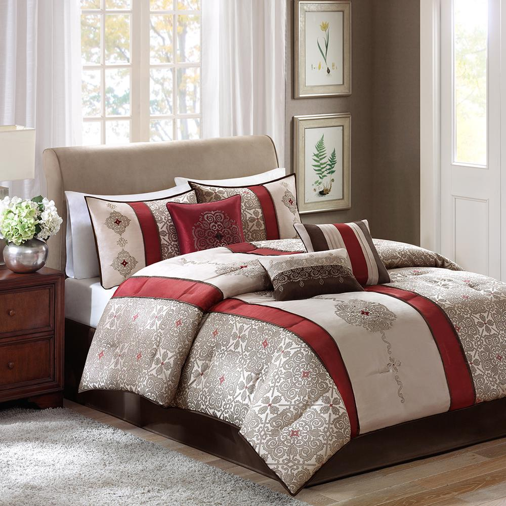 Start2Finish 7-piece Jacquard comforter bedding set with decorative throw pillows, featuring intricate woven patterns in neutral tones.