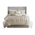 Start2Finish Laurel 7-piece tufted comforter set in taupe with matching pillow shams and bed skirt, stylish bedroom bedding ensemble