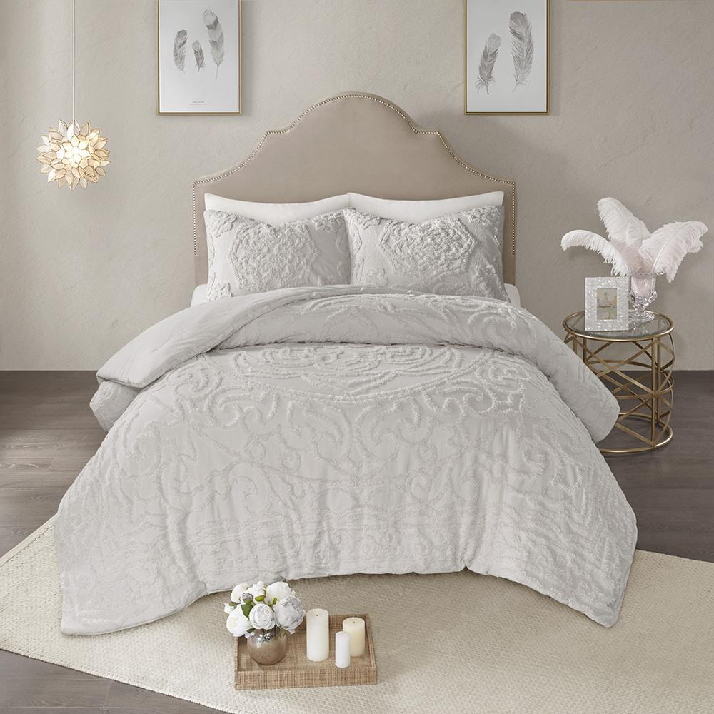 Start2Finish 3-piece tufted cotton chenille medallion comforter set with matching pillow shams on a bed with decorative pillows.