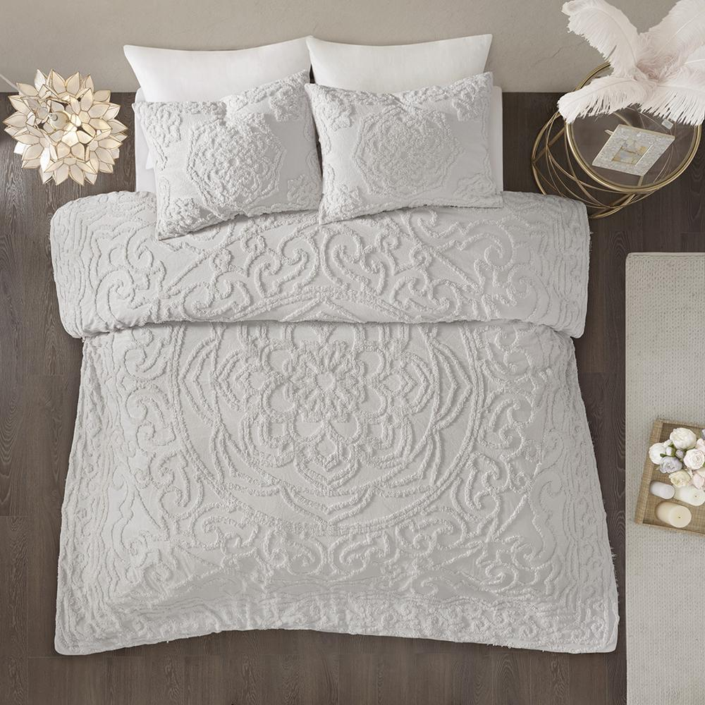 Start2Finish 3-piece tufted cotton chenille medallion comforter set with matching pillow shams, featuring intricate medallion patterns.