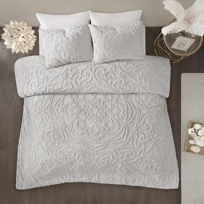 Start2Finish 3-piece tufted cotton chenille medallion comforter set with matching pillow shams, featuring intricate medallion patterns.