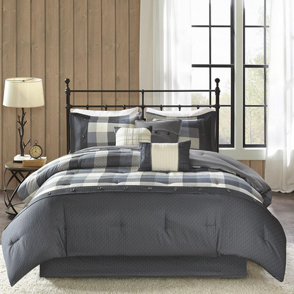 Start2Finish 7-piece herringbone comforter bedding set with matching pillow shams and decorative pillows on a bed.
