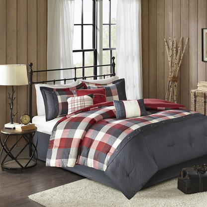 Start2Finish Ridge 7-Piece Red Herringbone Comforter Bedding Set with matching pillow shams and decorative accents.