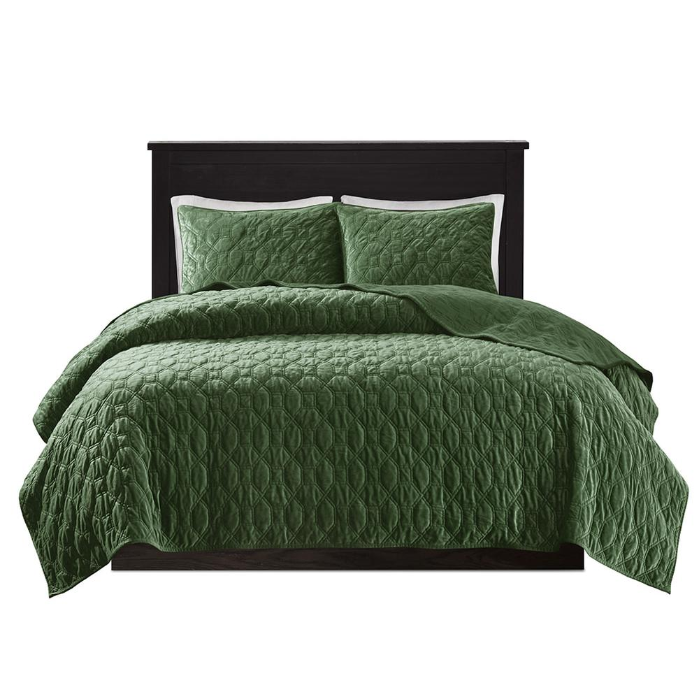 Harper 3-piece velvet quilt set in green by Start2Finish, featuring a plush velvet texture and matching pillow shams.