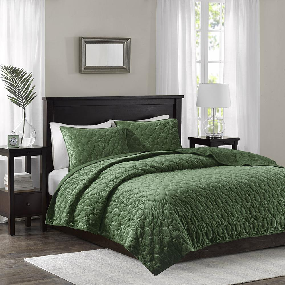 Harper 3-piece velvet quilt set in green from Start2Finish, showing a plush quilt and matching pillow shams on a bed.