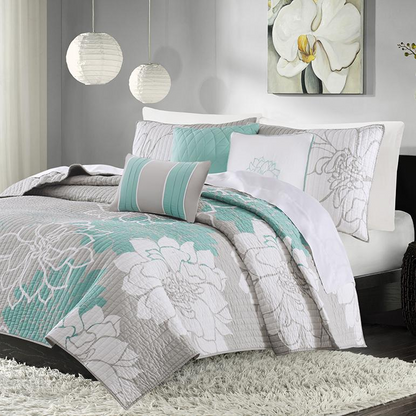 Start2Finish 6-piece printed cotton quilt set with matching throw pillows, featuring colorful floral and geometric patterns.