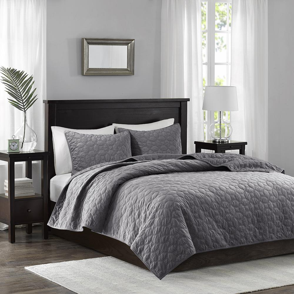 Harper 3-piece velvet quilt set in grey by Start2Finish, featuring a plush velvet bedspread and matching pillow shams.
