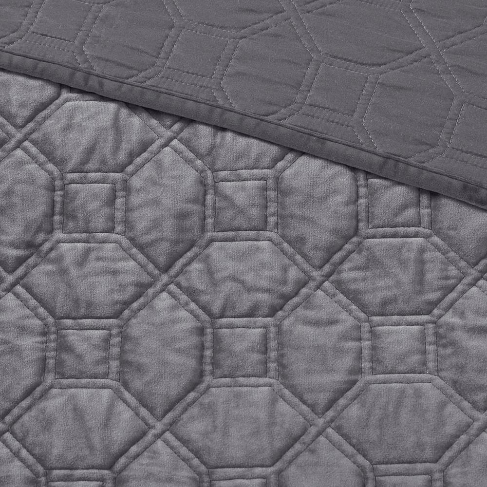 Start2Finish Harper 3-piece velvet quilt set in grey, featuring a plush bedding design with matching pillow shams.