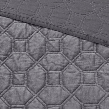 Start2Finish Harper 3-piece velvet quilt set in grey, featuring a plush bedding design with matching pillow shams.
