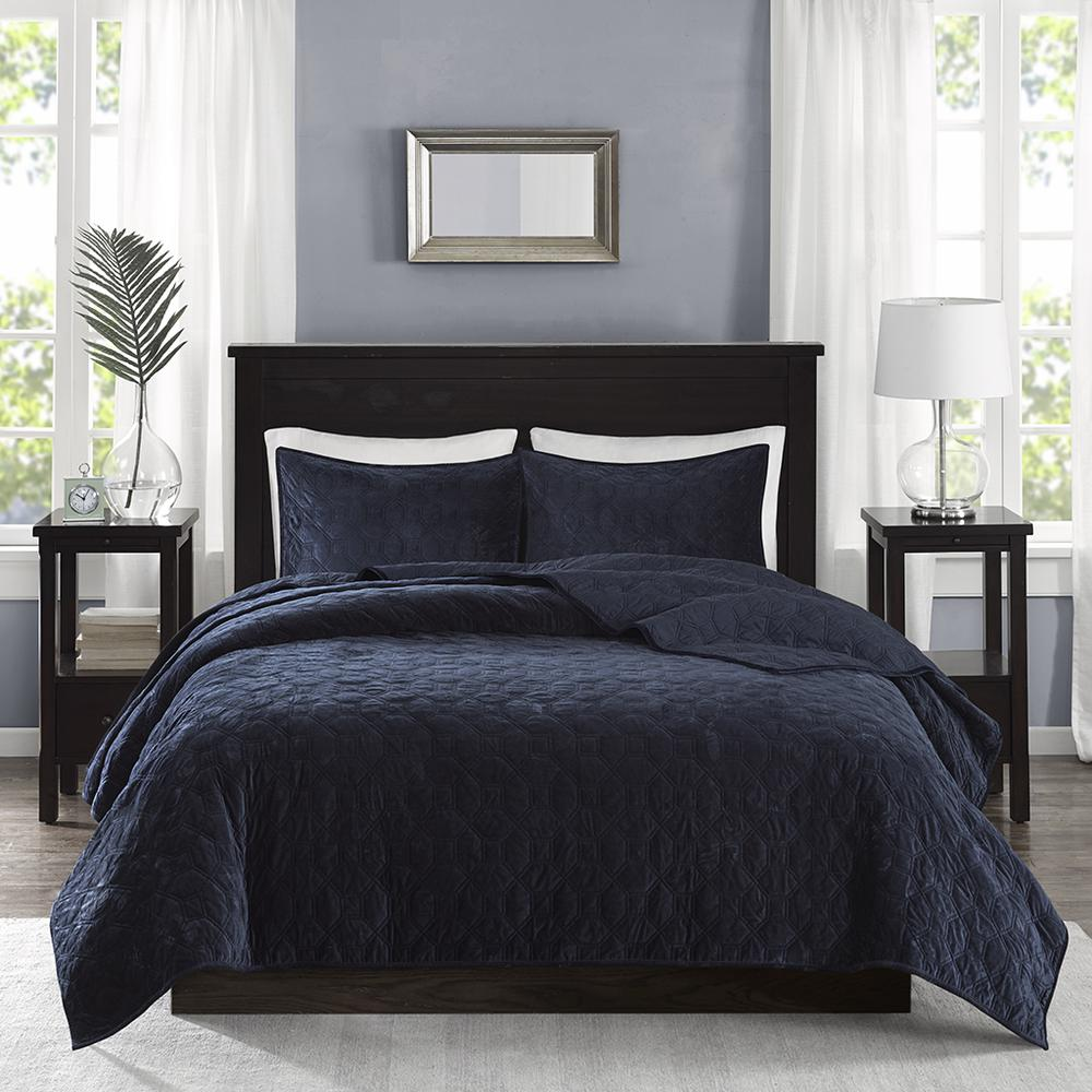 Harper 3-piece navy velvet quilt set by Start2Finish, featuring a plush quilt and matching pillow shams for a cozy bedroom decor