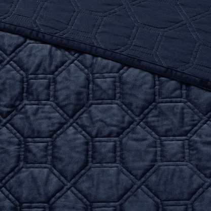Start2Finish Harper 3-piece velvet quilt set in navy, soft textured bedding with matching pillow shams and quilted design.
