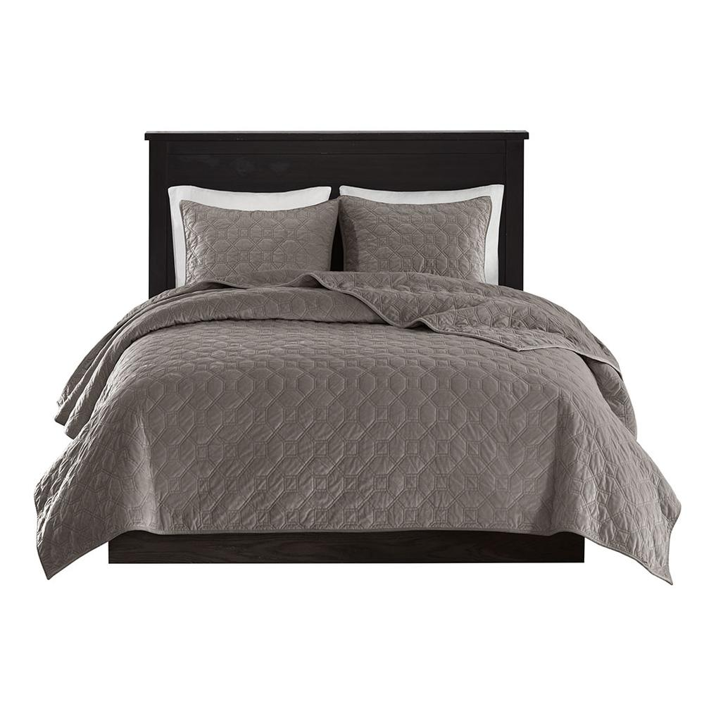 Start2Finish Harper 3-piece velvet quilt set in taupe, featuring soft plush fabric and elegant bedding design.