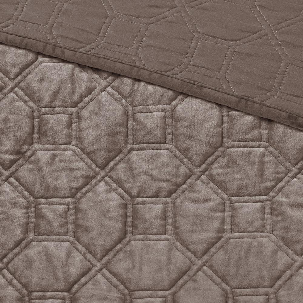 Harper 3-piece velvet quilt set in taupe from Start2Finish, featuring a plush, soft bedding ensemble with matching pillow shams.