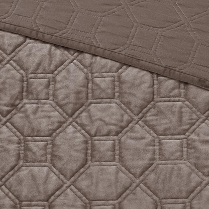 Harper 3-piece velvet quilt set in taupe from Start2Finish, featuring a plush, soft bedding ensemble with matching pillow shams.