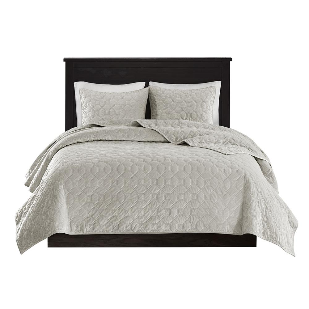Start2Finish Harper 3-piece ivory velvet quilt set with matching pillow shams, plush and luxurious bedding for bedroom decor.