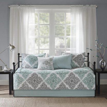 Start2Finish Claire 6-piece reversible aqua bedding daybed cover set with floral and geometric patterns, includes pillow shams.