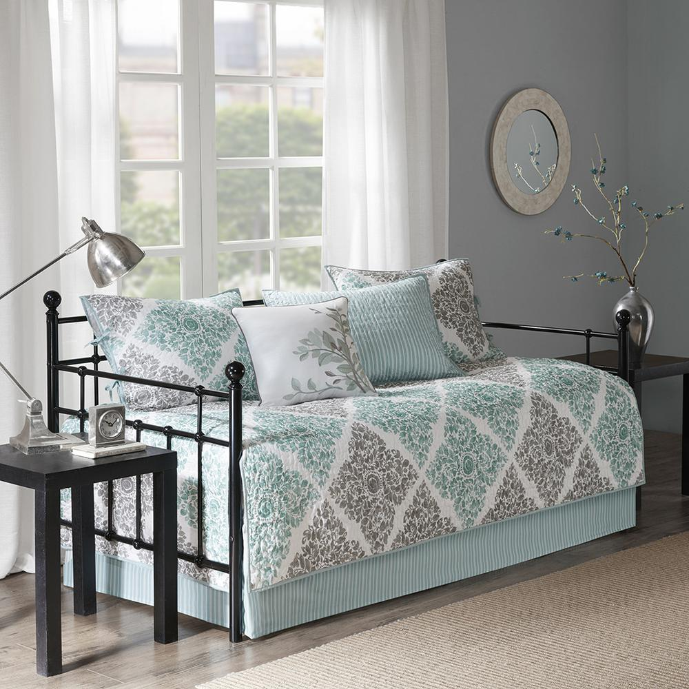 Start2Finish Claire aqua 6-piece reversible daybed cover set with bedding fabric and decorative pillows on a bed.