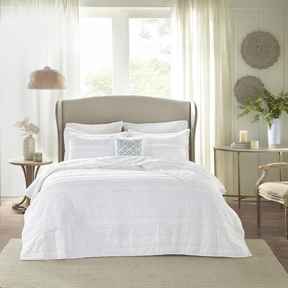 Start2Finish 4-piece microfiber reversible ruffle quilt set with matching throw pillow, featuring soft fabric and decorative ruffle details.