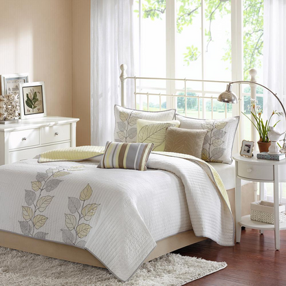 Start2Finish 6-piece embroidered quilt bedding set with matching throw pillows, featuring intricate embroidery and soft fabric.