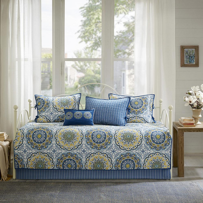 Start2Finish Tangiers blue reversible 6-piece bedding daybed cover set with decorative pillows and matching bed skirt.