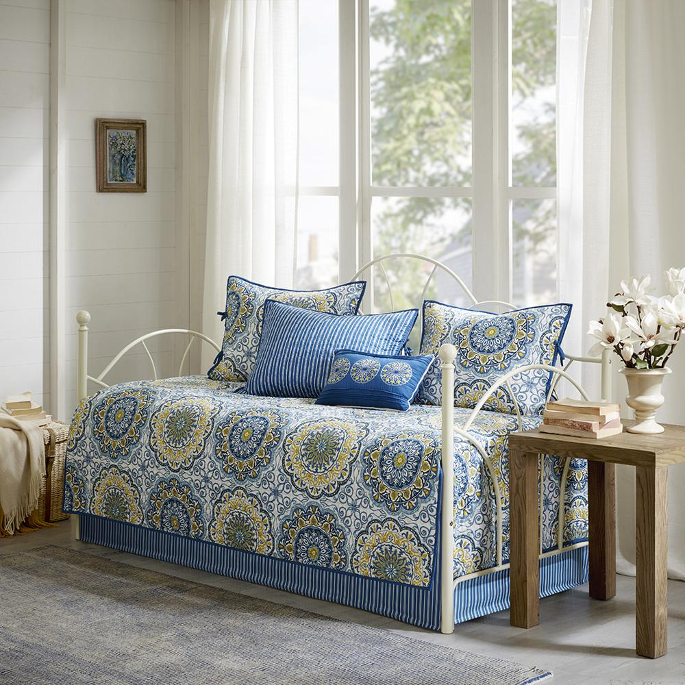 Start2Finish Tangiers 6-piece reversible blue bedding set with daybed cover, featuring intricate patterns and soft fabric.