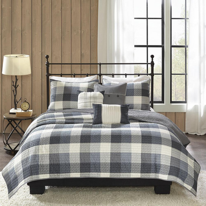 Start2Finish 6-piece printed herringbone quilt bedding set with matching throw pillows, featuring a stylish geometric pattern.