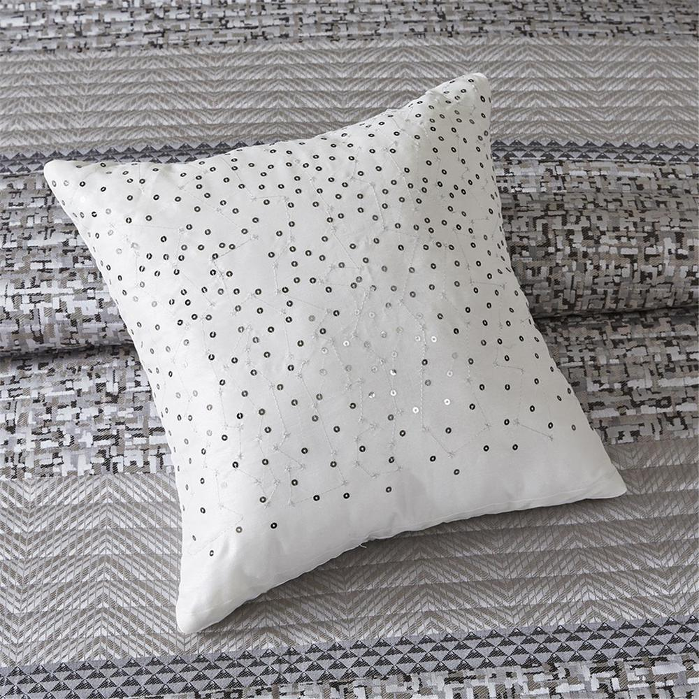 Start2Finish 6-piece reversible jacquard quilt bedding set with matching throw pillows, featuring intricate woven patterns in neutral tones.