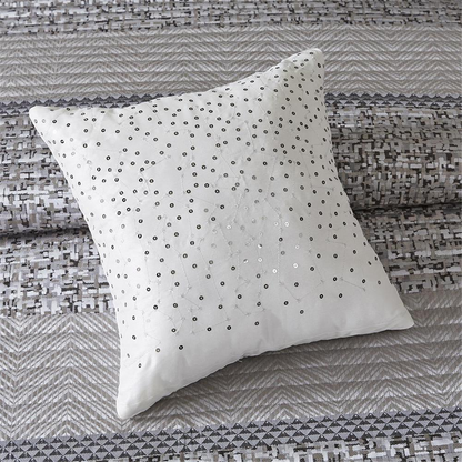 Start2Finish 6-piece reversible jacquard quilt bedding set with matching throw pillows, featuring intricate woven patterns in neutral tones.