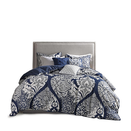 Start2Finish Vienna 6-piece printed duvet cover set in indigo with floral and geometric patterns, including matching pillow shams.