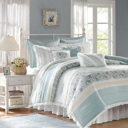 Start2Finish 9-piece cotton percale duvet cover bedding set with matching pillow shams and decorative accents.