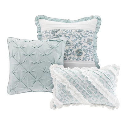 Start2Finish 9-piece cotton percale duvet cover bedding set with matching pillowcases and decorative details.