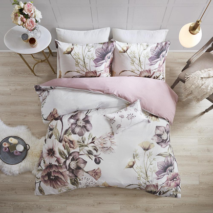 Start2Finish Cassandra 3-piece cotton printed duvet cover set in blush with matching pillowcases and bedding details.