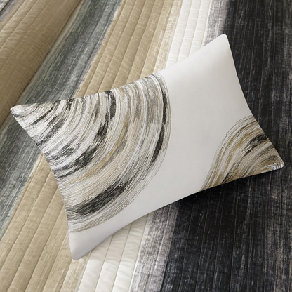 Start2Finish Saben 8-piece quilt set with taupe cotton bed sheets, featuring a cozy, stylish bedding arrangement.