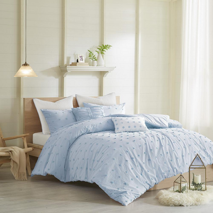 Start2Finish Cotton Jacquard bedding set with comforter, euro shams, and decorative throw pillows on a bed.