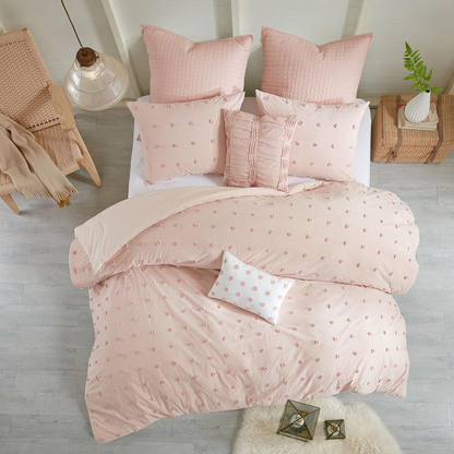 Start2Finish cotton jacquard comforter set with euro shams and decorative throw pillows, showcasing textured bedding and coordinating accents.