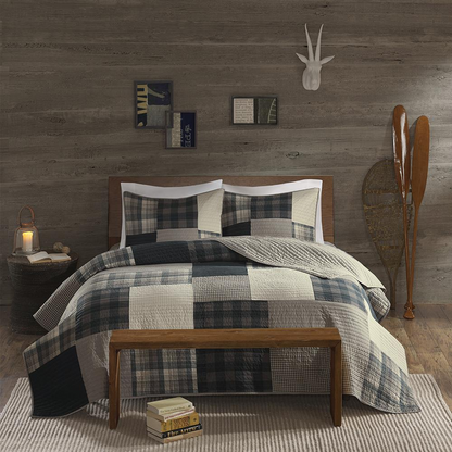 Start2Finish Winter Hills oversized cotton quilt set in tan color, showing a cozy, textured bedding with the quilt draped over a bed.