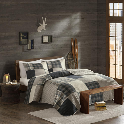 Start2Finish Winter Hills oversized cotton quilt set in tan, showcasing the textured, cozy bedding with multiple layers and stitching details.