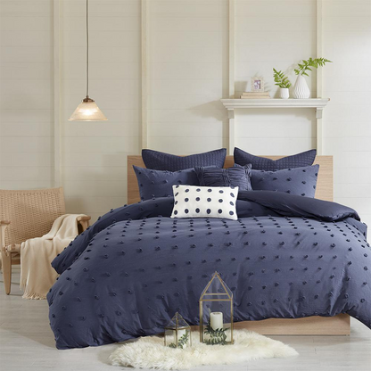 Start2Finish cotton jacquard duvet cover set with euro shams and throw pillows, featuring intricate woven pattern and soft texture.