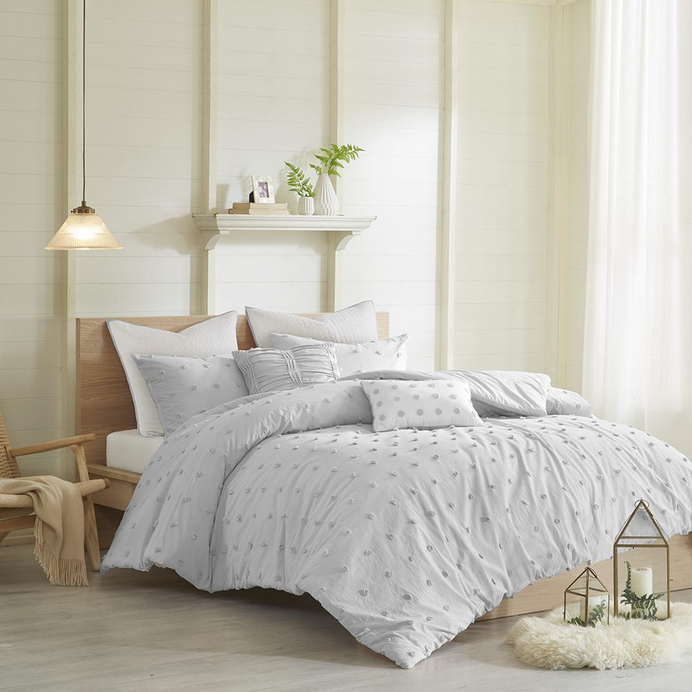 Start2Finish cotton jacquard duvet cover set with euro shams and throw pillows, featuring intricate woven patterns and soft fabric.