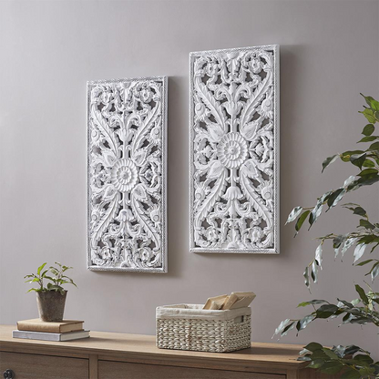 Distressed carved wood wall decor set with two pieces, featuring rustic vintage design and intricate carved details for home wall decoration