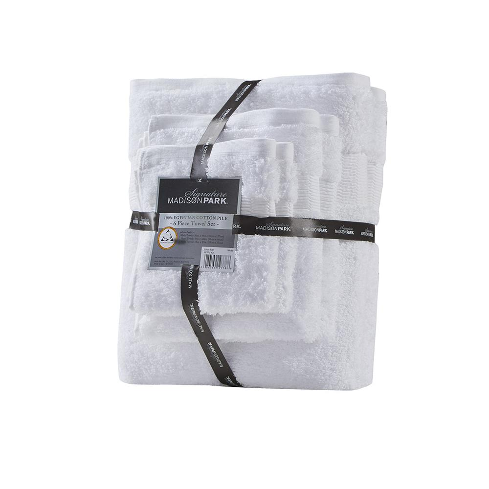 Start2Finish 100% Egyptian cotton bath towel set with six plush, white towels displayed stacked and folded.
