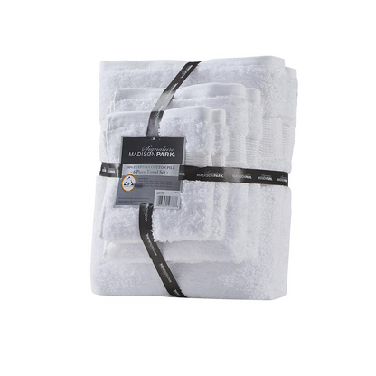 Start2Finish 100% Egyptian cotton bath towel set with six plush, white towels displayed stacked and folded.